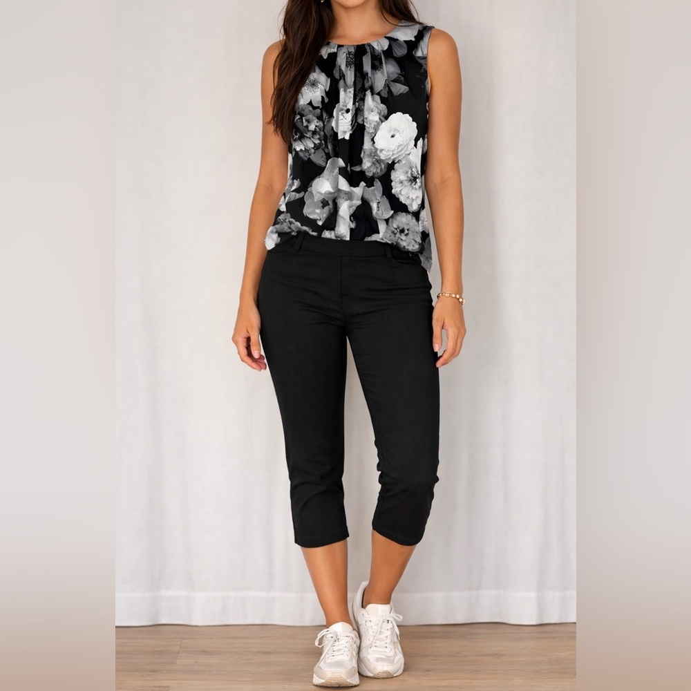 Calvin Klein Black Floral Sleeveless Top Pleated‎ Neck Women's S